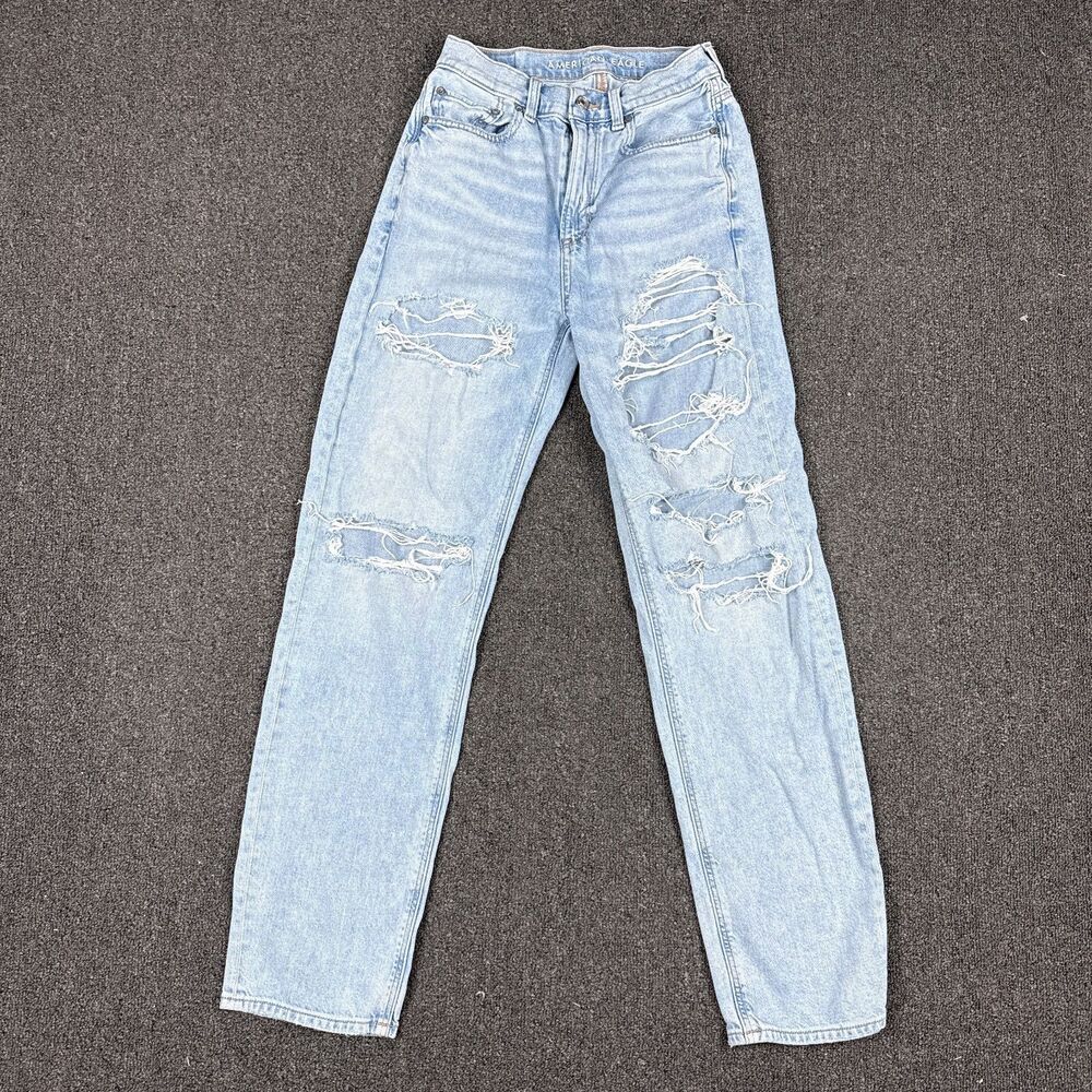 American Eagle Jeans Womens Leg Baggy High Rise Distressed Denim Size 2 Regular